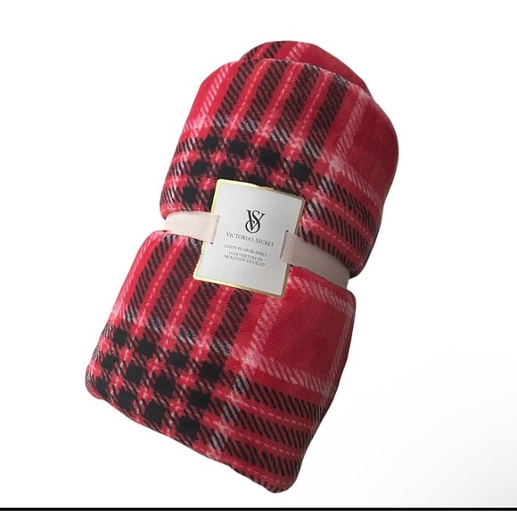 Victoria's Secret Plush Sherpa Cozy Fleece Throw Blanket Red Plaid Holiday - Picture 5 of 9